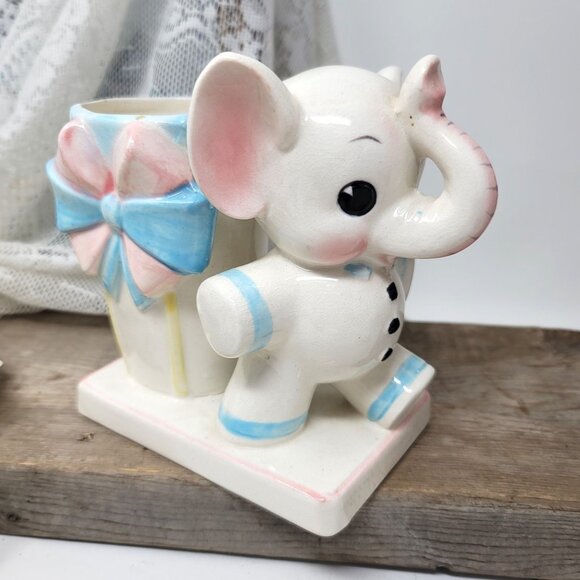 Vintage Baby Elephant Planter Vase Blue & Pink Trunk up - Picture 2 of 9